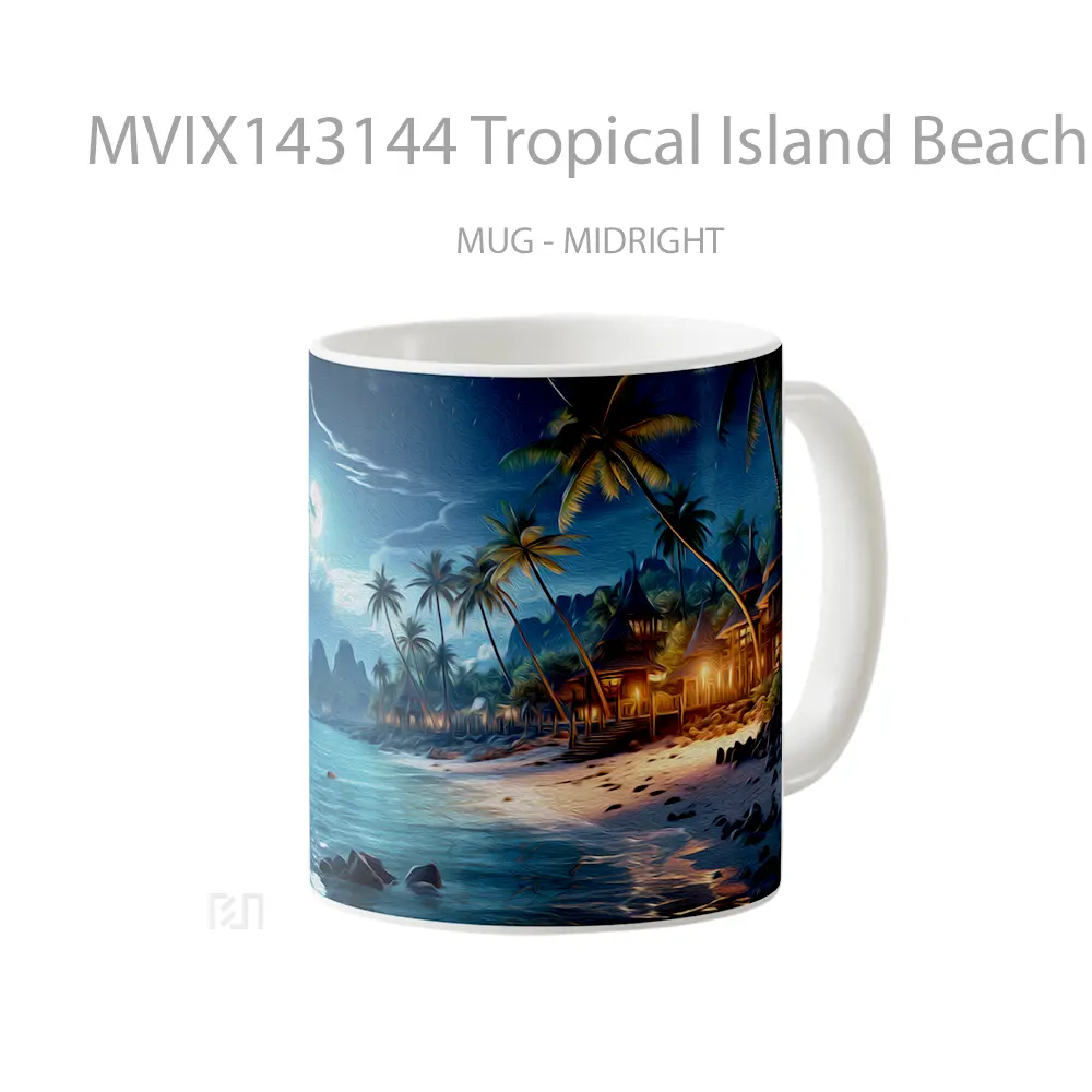 Mug Tropical Island Beach Night Moon Palm Tree Sceney Digital Art Gelas Pemandangan Alam - All-side / Desain