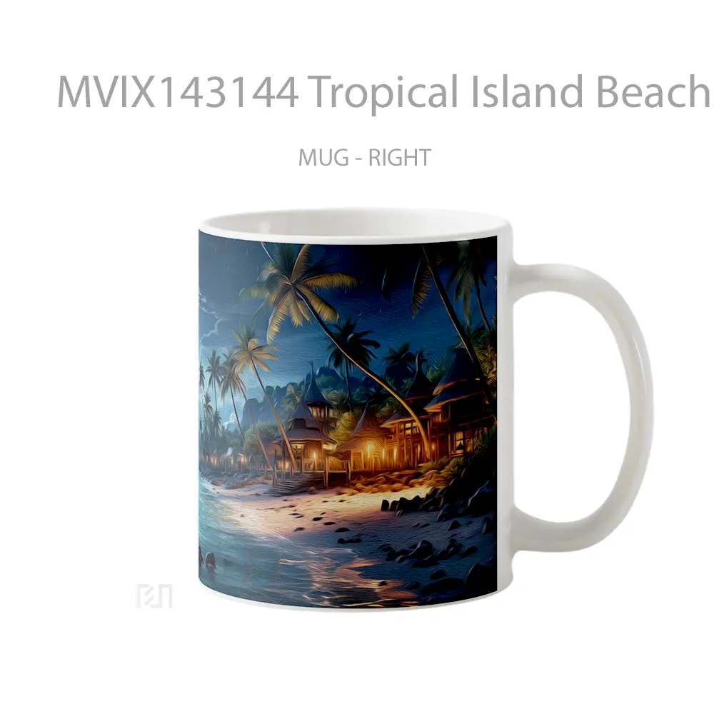 Mug Tropical Island Beach Night Moon Palm Tree Sceney Digital Art Gelas Pemandangan Alam - All-side / Desain