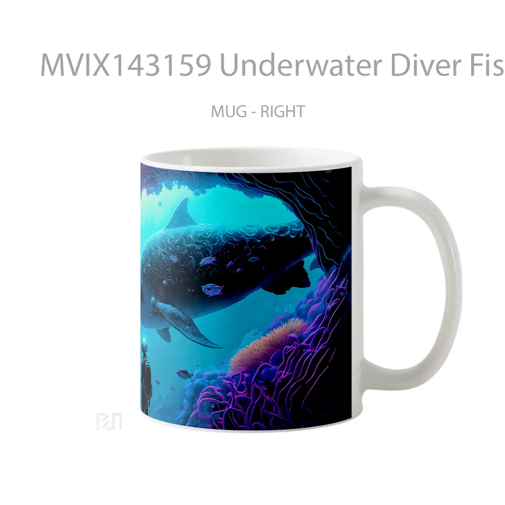 Mug Underwater Diver Fish Digital Art Gelas Keramik Unik - All-side / Desain