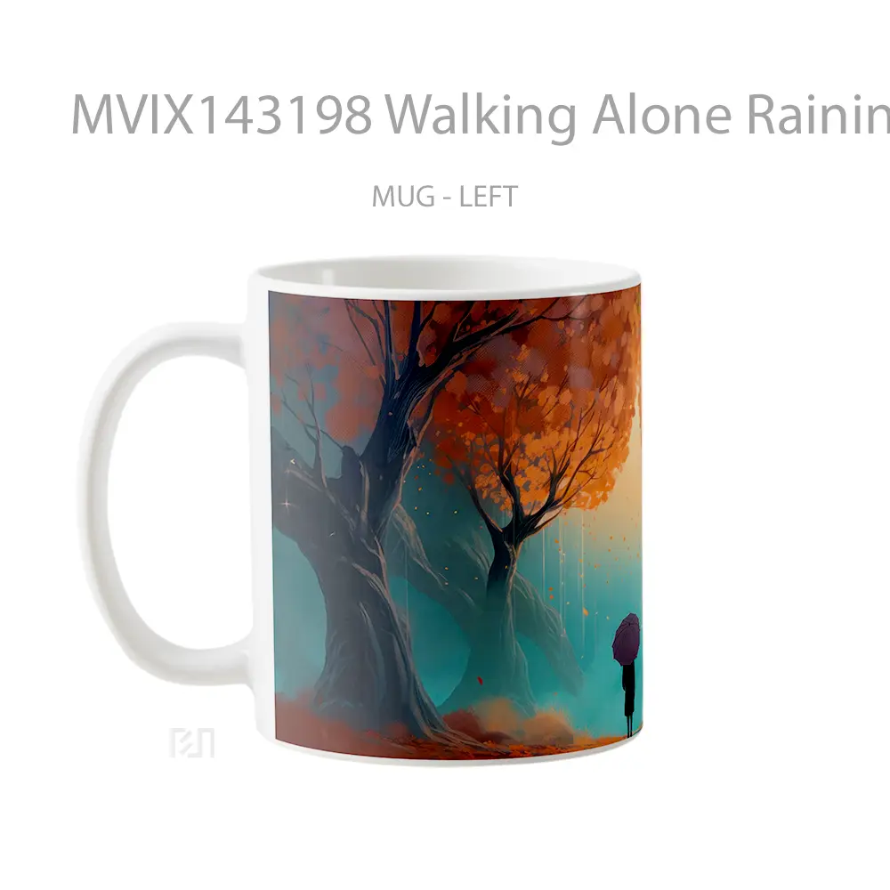 Mug Walking Alone Raining Forest Tree Ai Art Gelas Pemandangan Alam - All-side / Desain