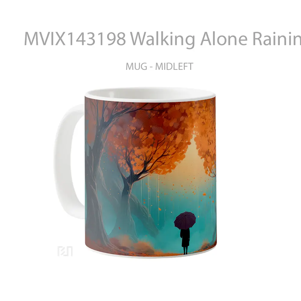 Mug Walking Alone Raining Forest Tree Ai Art Gelas Pemandangan Alam - All-side / Desain
