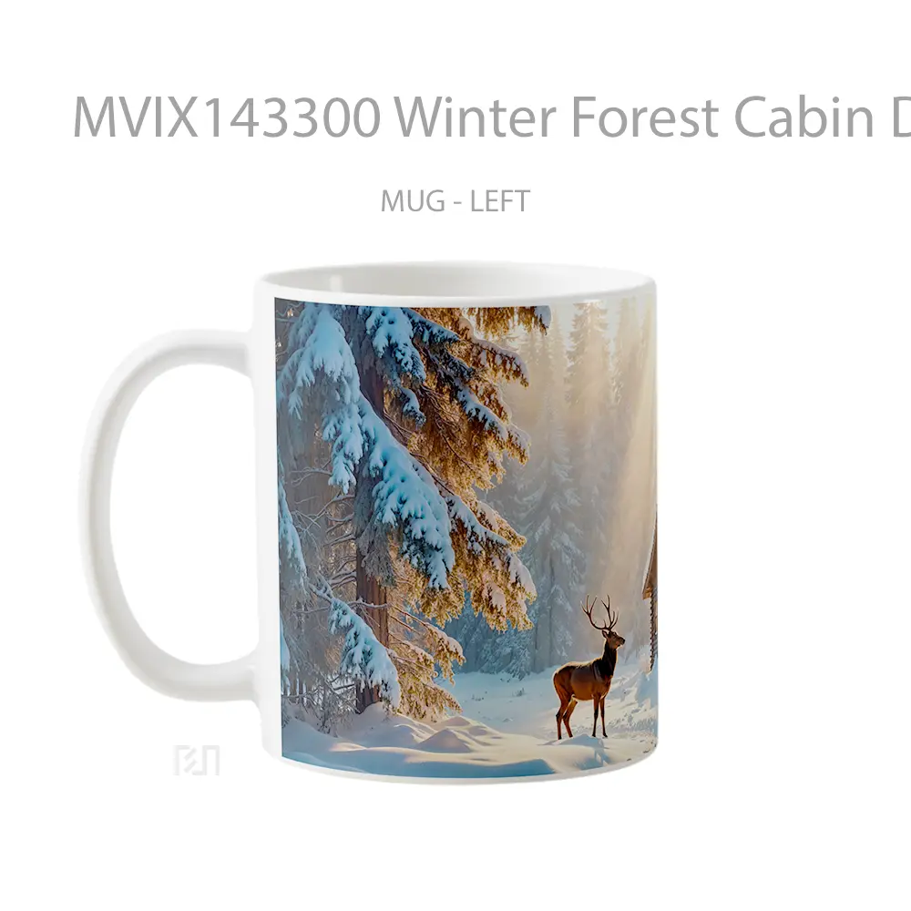 Mug Winter Forest Cabin Deer Scenery Gelas Pemandangan Alam - All-side / Desain