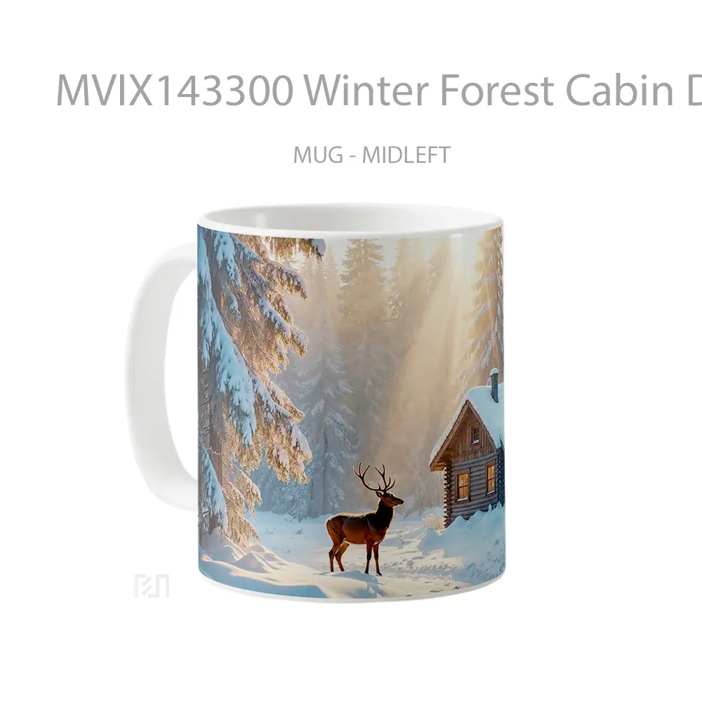 Mug Winter Forest Cabin Deer Scenery Gelas Pemandangan Alam - All-side / Desain