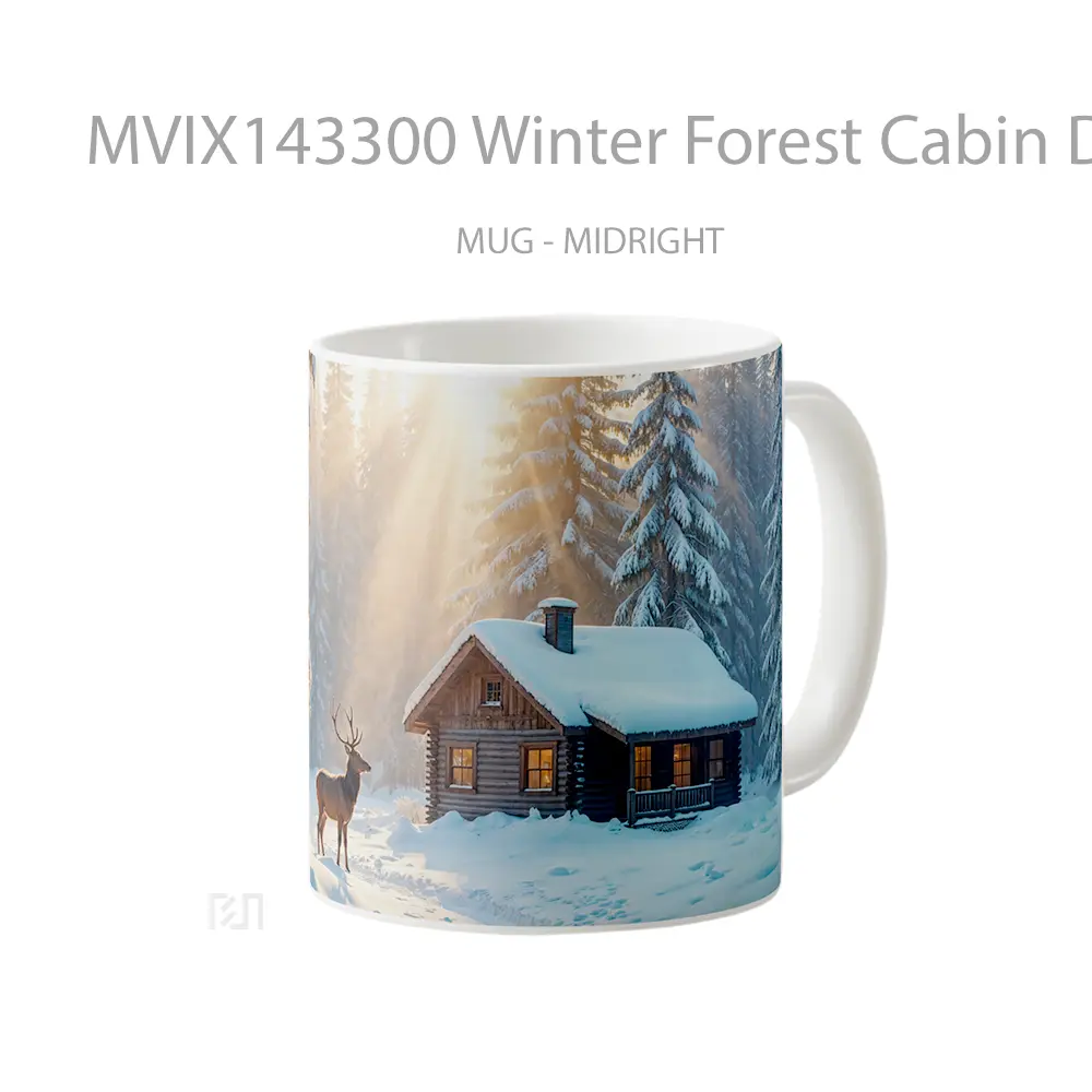 Mug Winter Forest Cabin Deer Scenery Gelas Pemandangan Alam - All-side / Desain