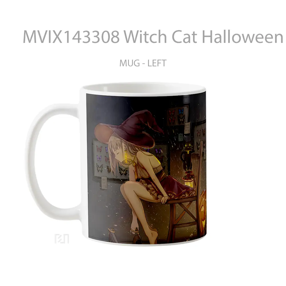 Mug Witch Cat Halloween Pumpkin Gelas Hewan Lucu - All-side / Desain