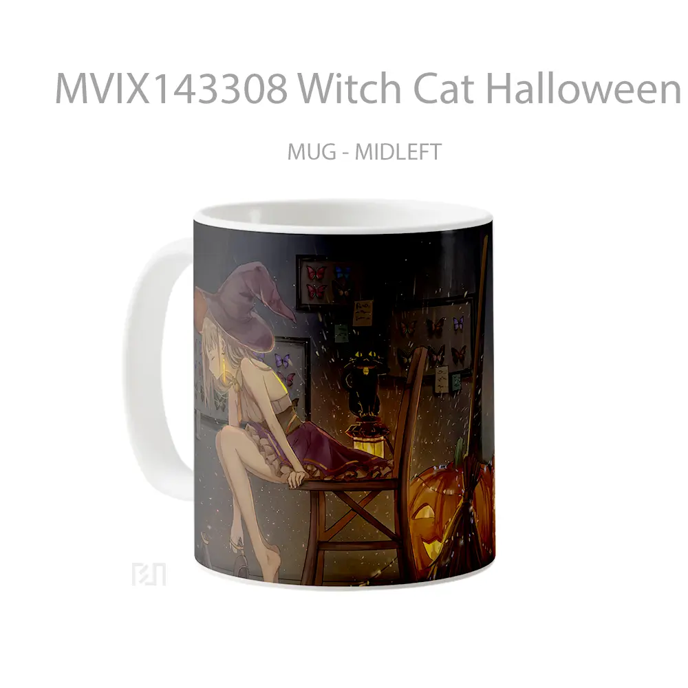 Mug Witch Cat Halloween Pumpkin Gelas Hewan Lucu - All-side / Desain