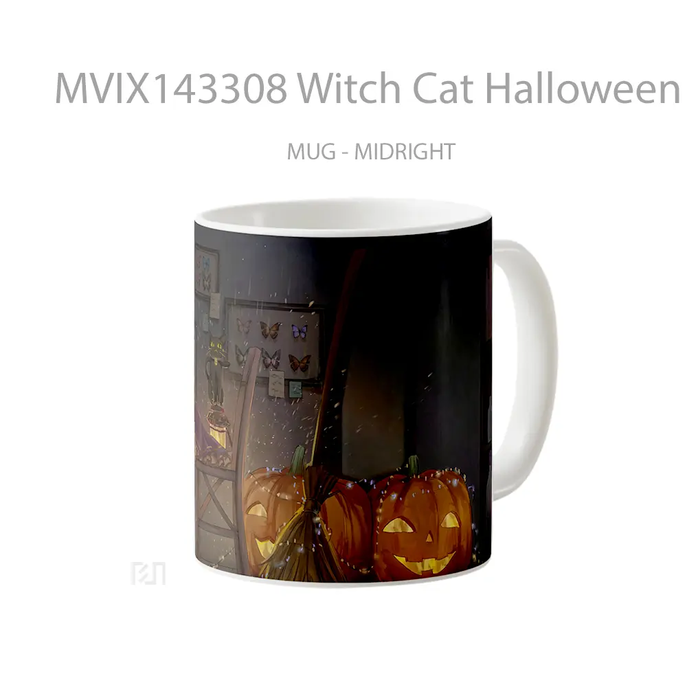 Mug Witch Cat Halloween Pumpkin Gelas Hewan Lucu - All-side / Desain