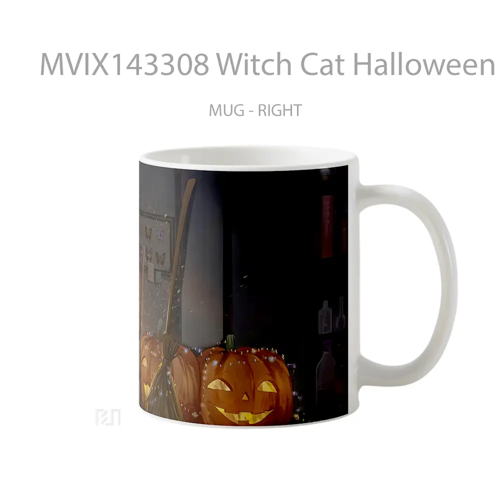 Mug Witch Cat Halloween Pumpkin Gelas Hewan Lucu - All-side / Desain
