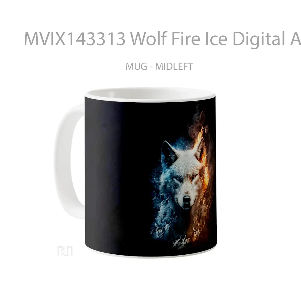 Mug Wolf Fire Ice Digital Art Animal Gelas Hewan Lucu - All-side / Desain