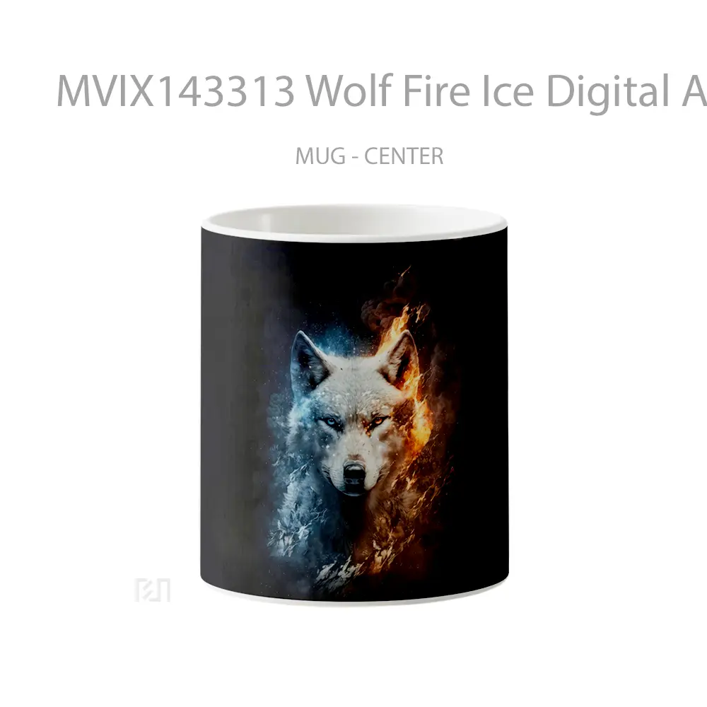 Mug Wolf Fire Ice Digital Art Animal Gelas Hewan Lucu